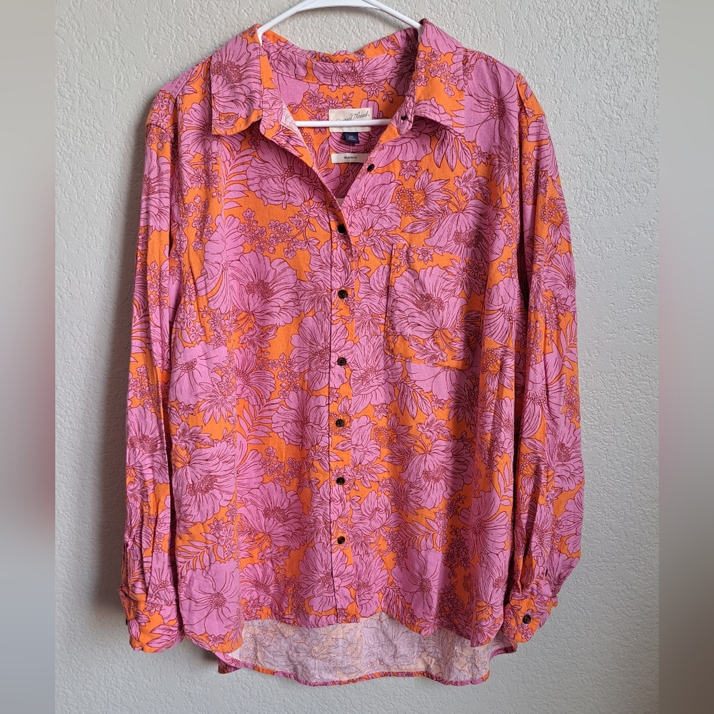 NWT Universal Thread Linen Blend Orange and Pink Floral Button Down Top Size XXL
